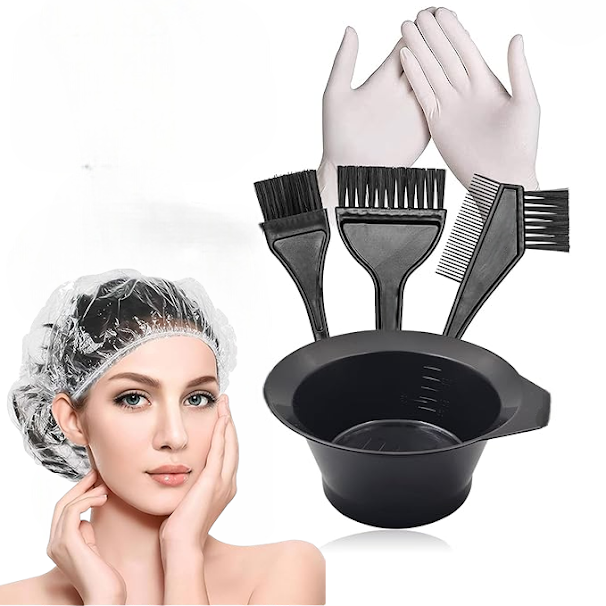 Mankolo | 6-Piece Hair Dye Brush Coloring Kit with Brush, Tinting Bowl, Coloring Cape, and Gloves for Hair Dyeing and Bleaching - Manohar International